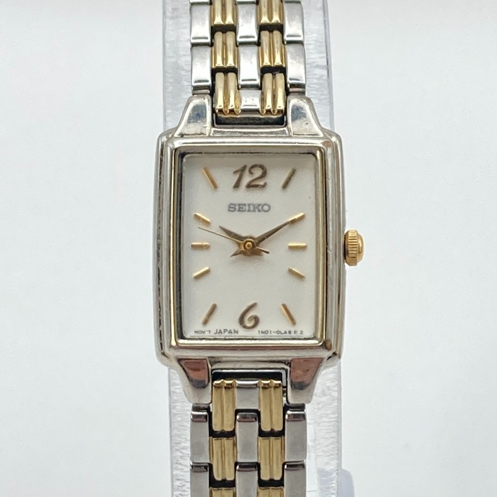 Vtg Seiko Women's Tank Watch 16mm Silver Gold Tone 1N01-0FH0 New Battery 6.25"